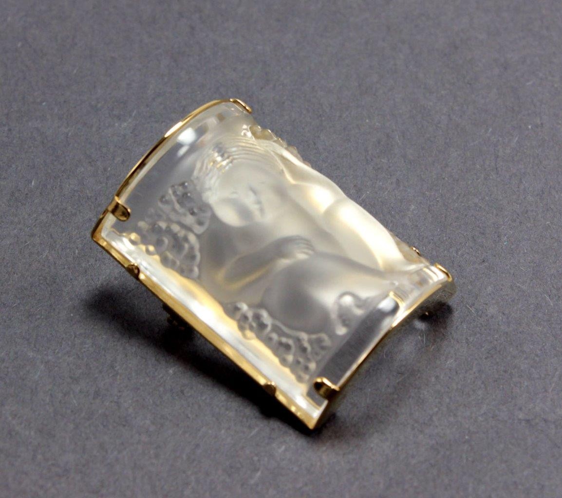 LALIQUE GOLD PLATED FROSTED CRYSTAL ENFANT CHERUB ANGEL PIN BROOCH PENDANT
