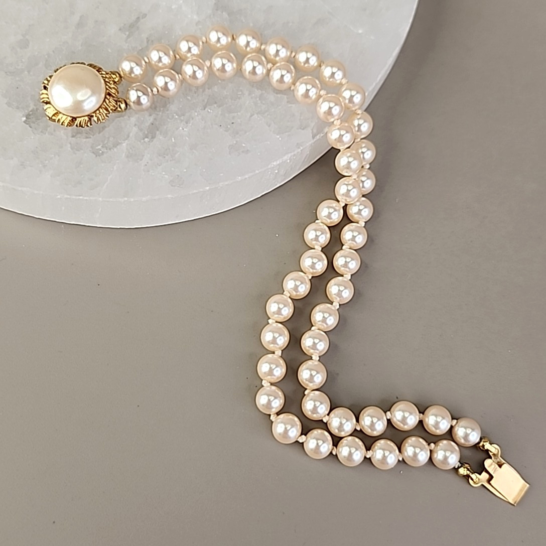 Vintage Faux Pearl Beaded Bracelet Two Strand Cream Knotted Push Lock 7″