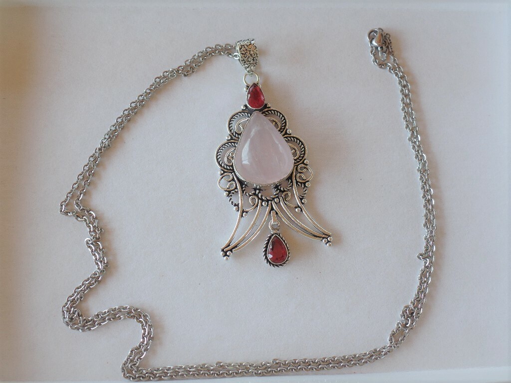 Red Garnet 925 Silver Plated Pendant Necklace Natural Stone 40″