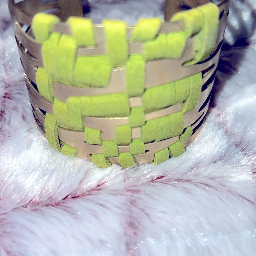 Vibrant Green and Gold Basket-Weave Bracelet and Bow Bracelet 2 Piece