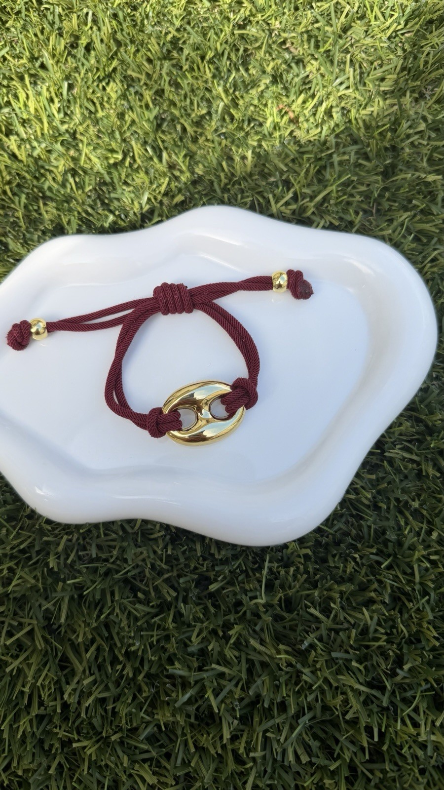 Burgundy Cord Bracelet with Gold Oval Charm, Adjustable