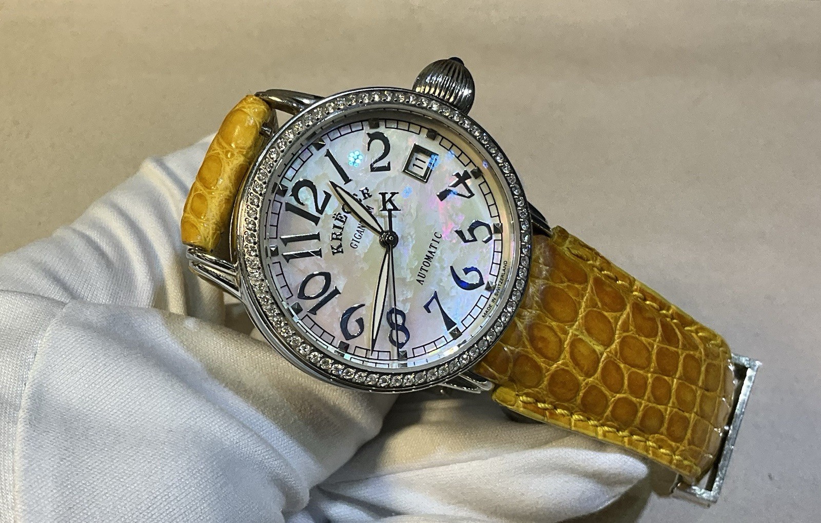 Krieger Gigantium Diamond Bezel MOP Dial Leather Strap Watch Full Set