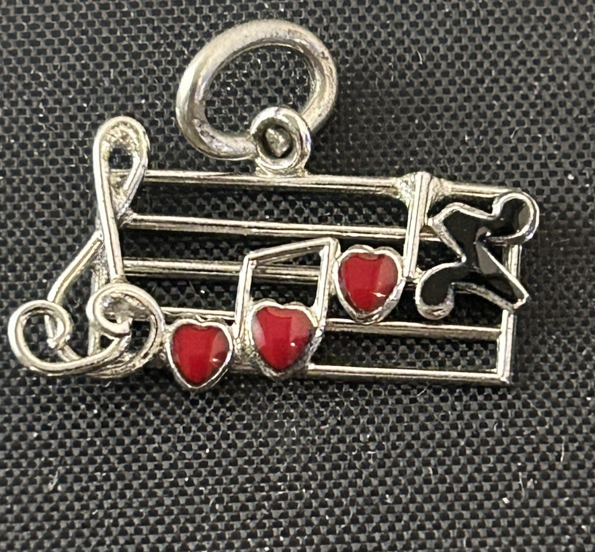 Vintage Music Note Heart Charm Pendant Red Enamel Treble Clef Musical Staff