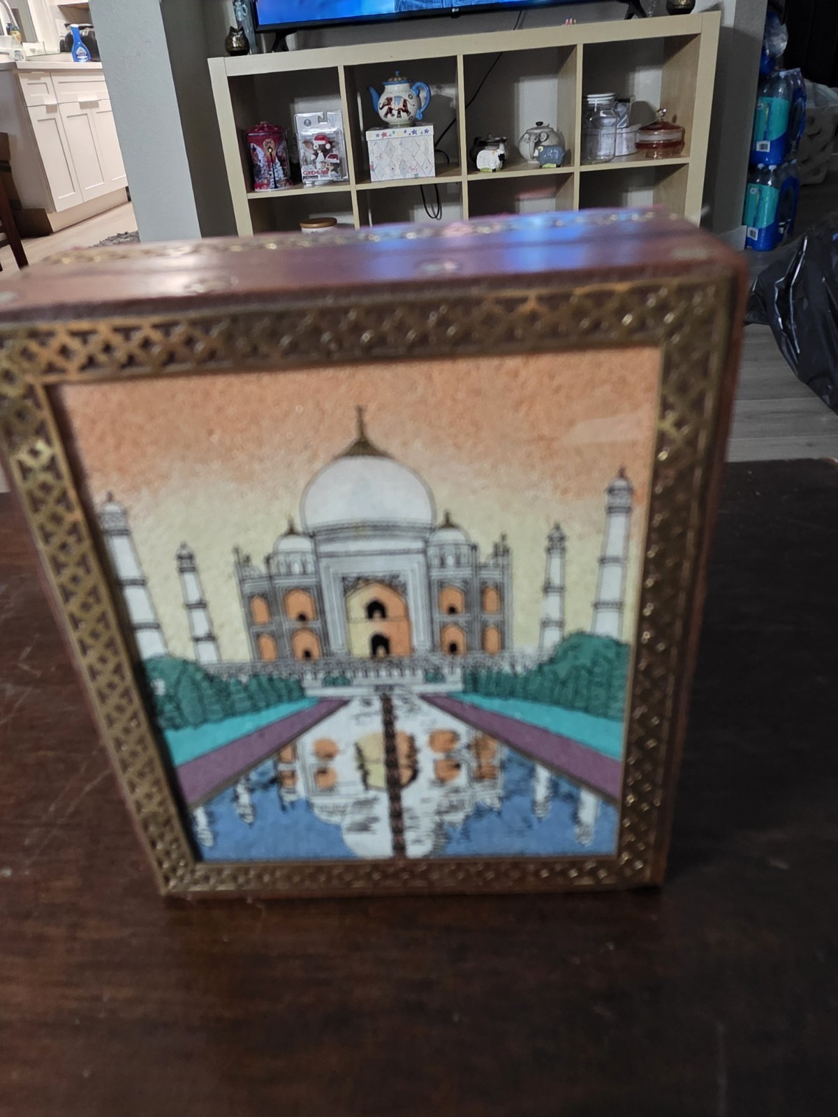 Indian Taj Mahal Glass Gemstone Painting Jewelry Box With Brass Border
