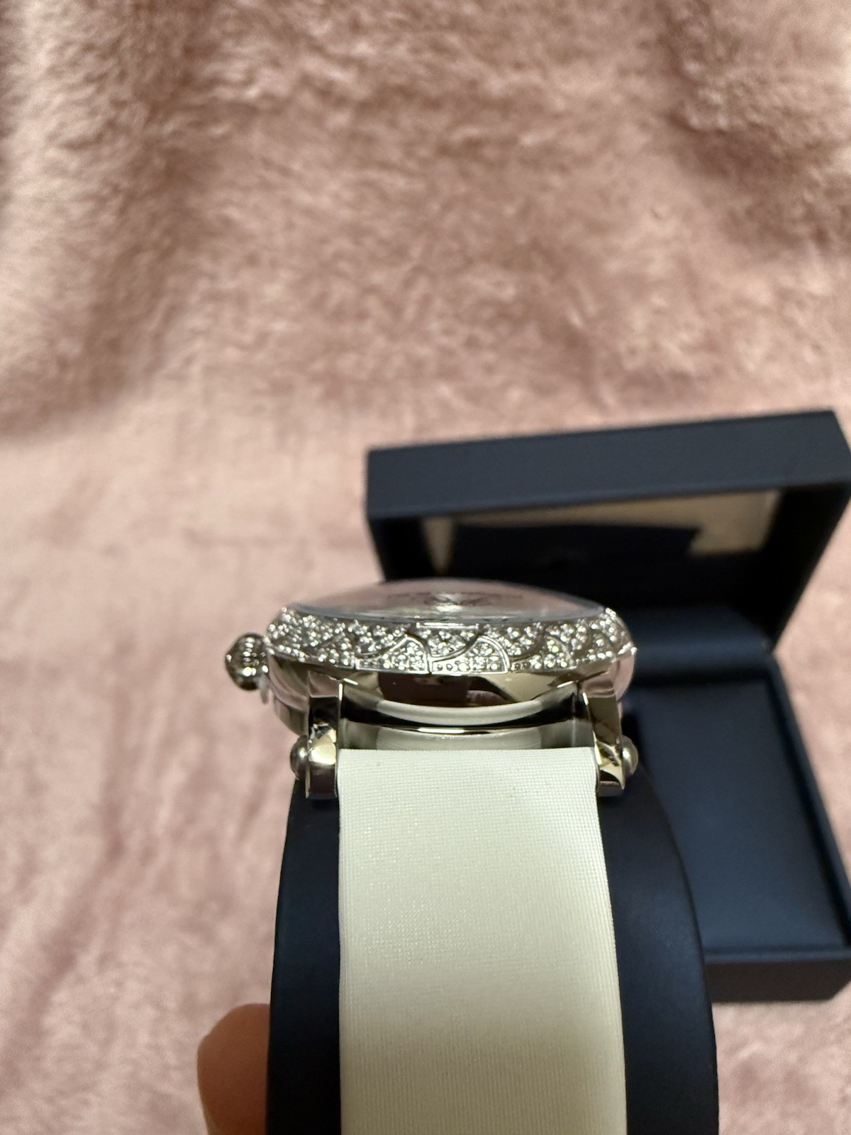 Porsamo Bleu Genevieve Luxury Topaz Women’s Satin Leather Watch, Silver, White