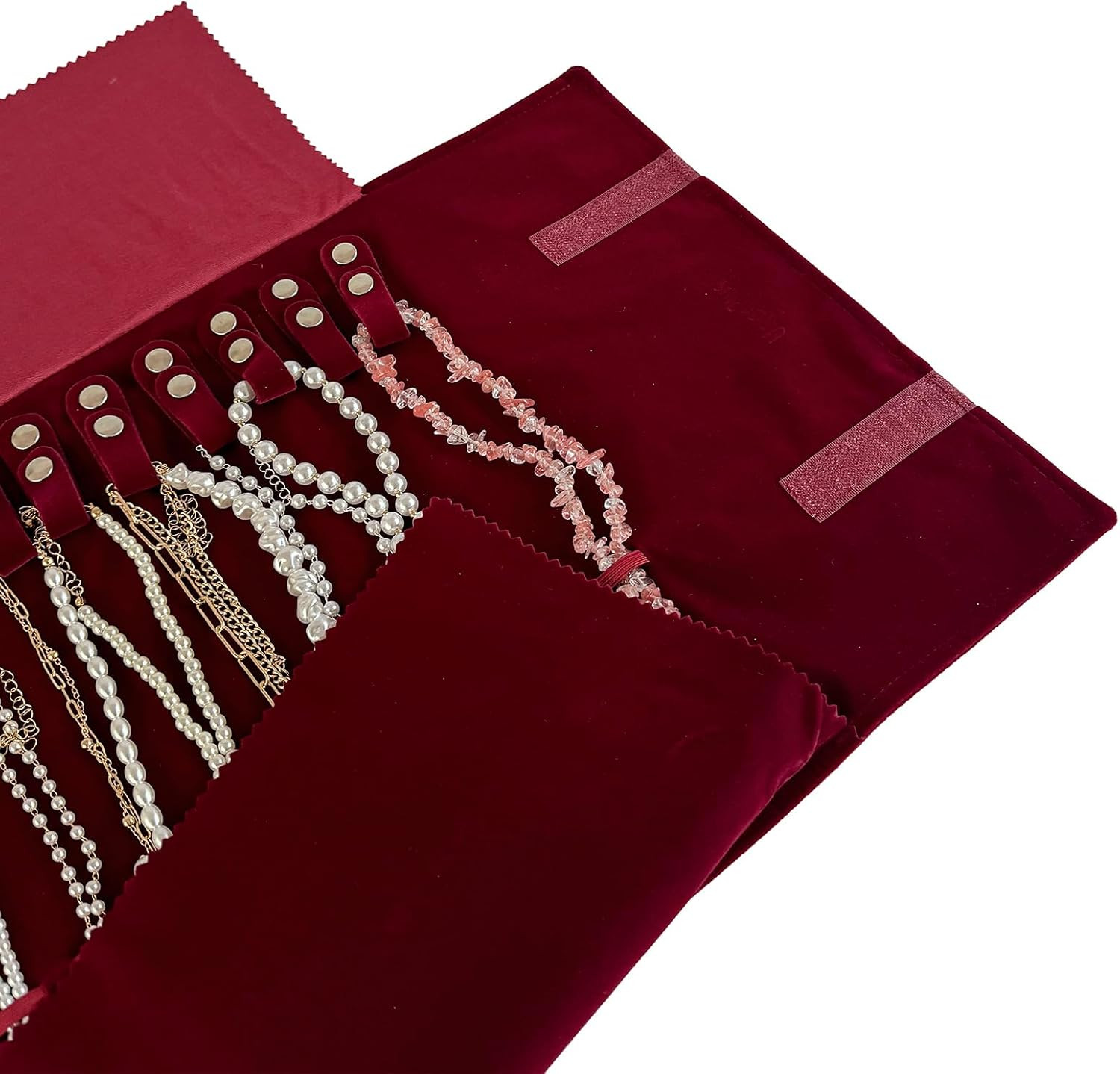 Velvet Travel Jewelry Roll Bag Organizer for Medium, Burgundy