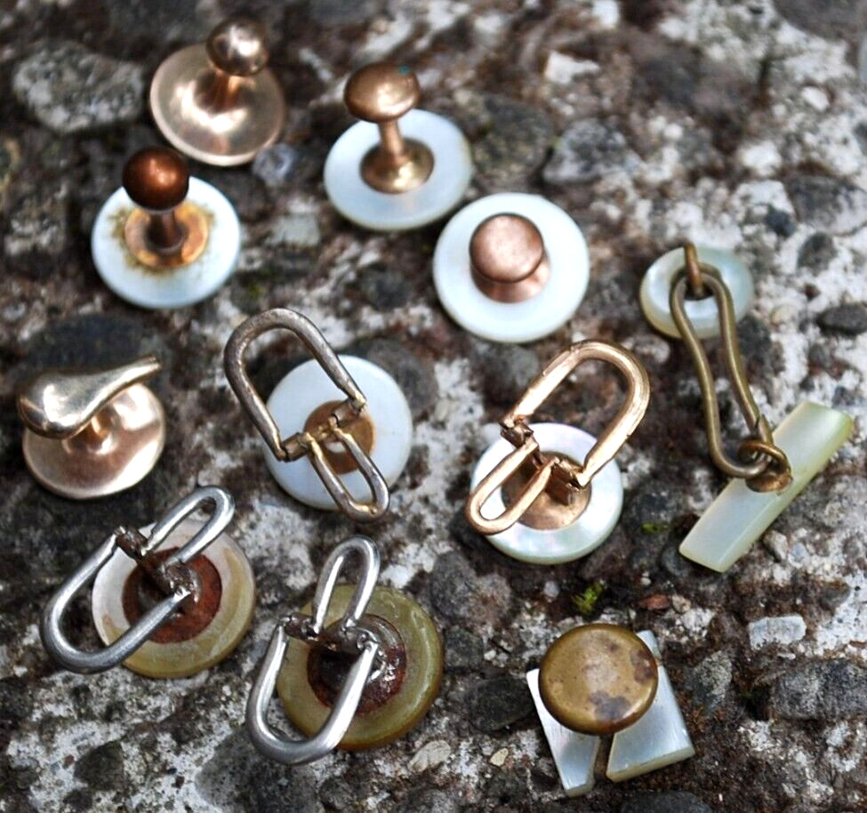 Antique Lot Of 11 MOTHER OF PEARL Button Studs, Ball Shirt Studs, Cufflink c1910