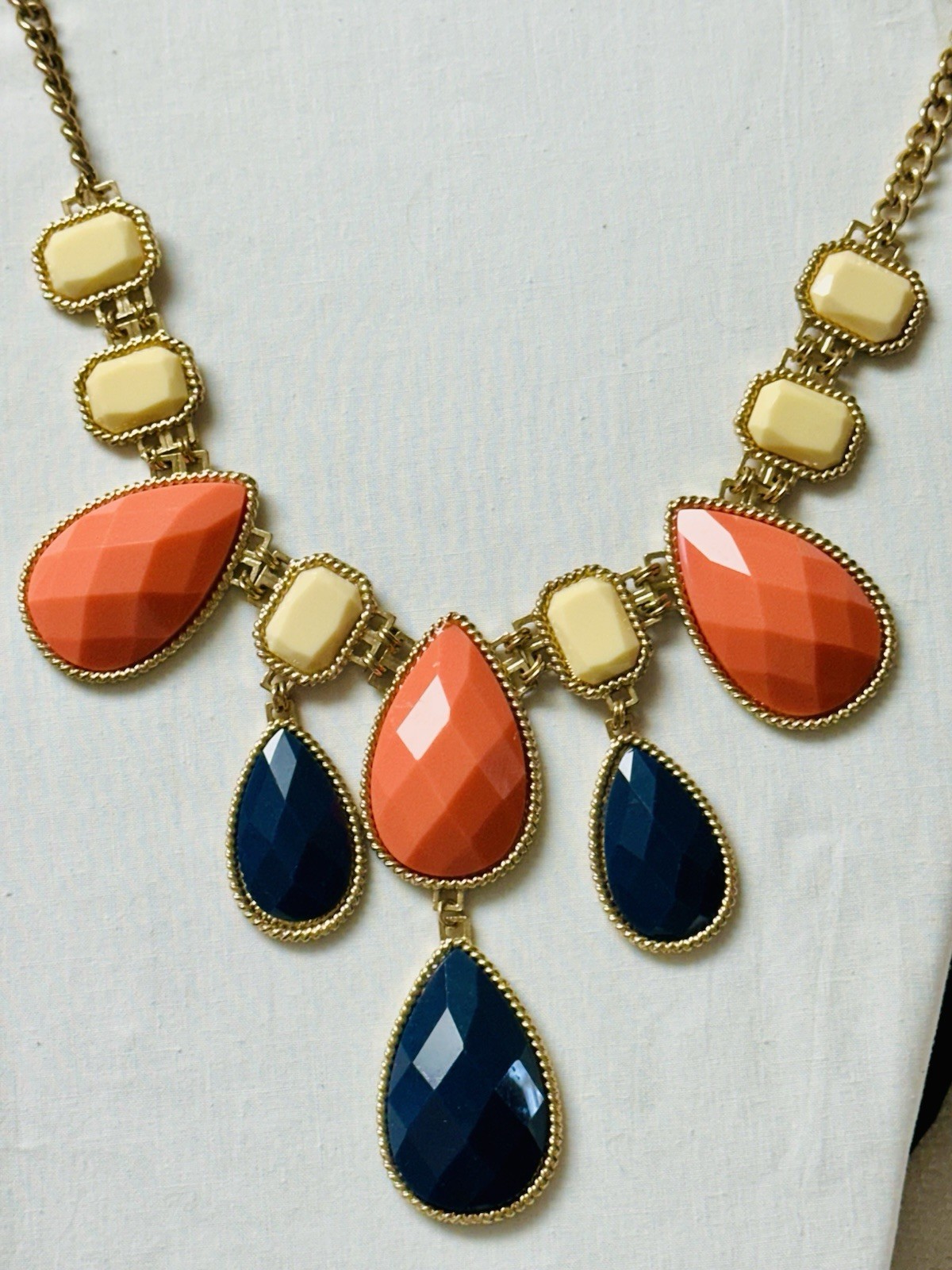 ALDO Orange Blue Faceted Teardrop Dangle Cabochon Bib Statement Necklace n890