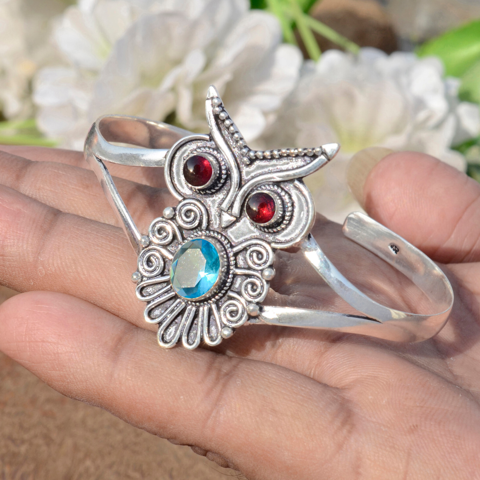 Blue Topaz & Garnet Gemstone 925 Sterling Silver Bracelet For Couple’s Jewelry
