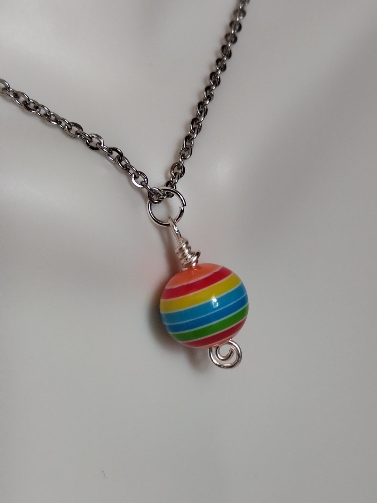 Rainbow Stripe Resin Bead Pendant Necklace Handmade Stainless Steel Chain