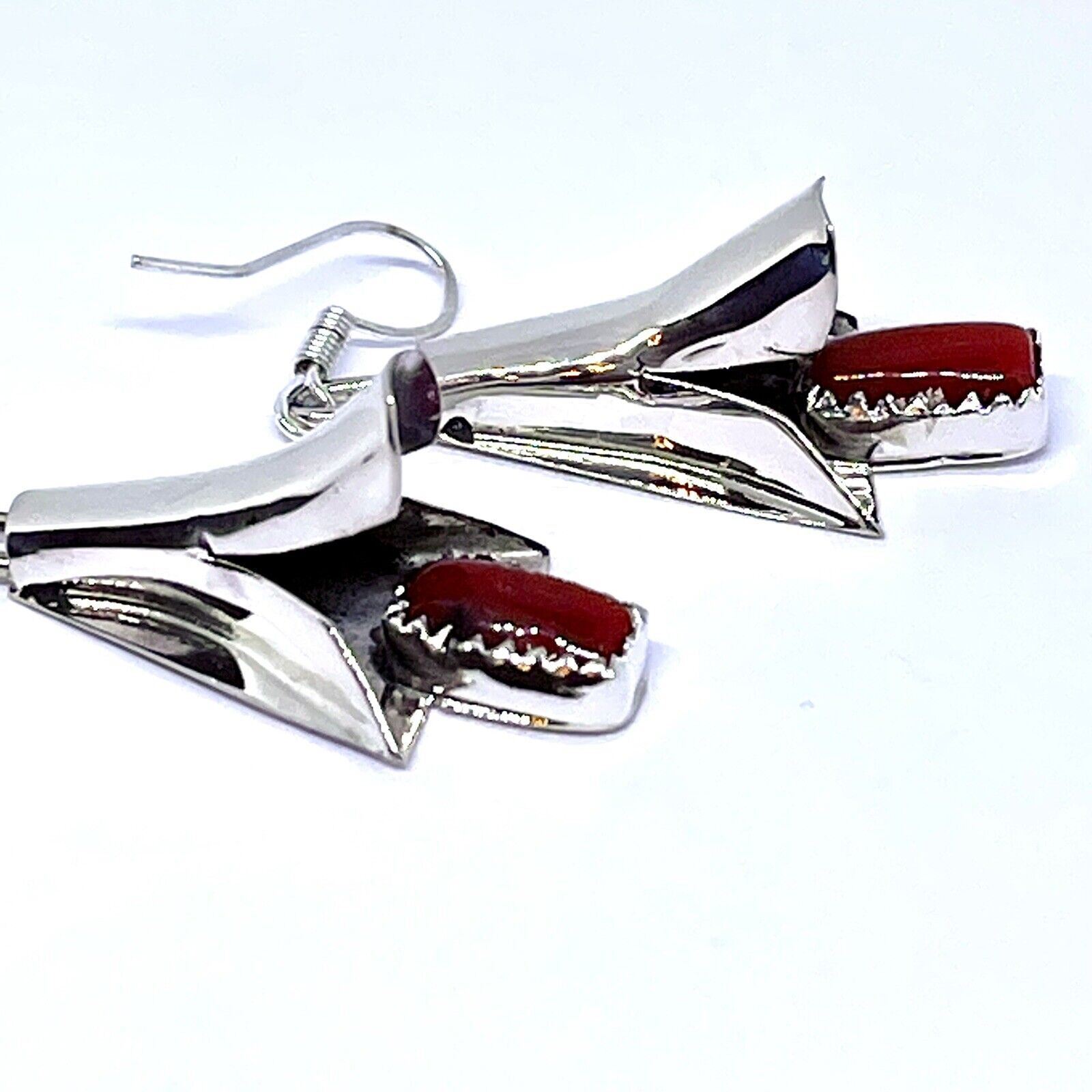 Navajo Squash Blossom Earrings Red Coral 1.75in Hook Signed LY Native Sterling