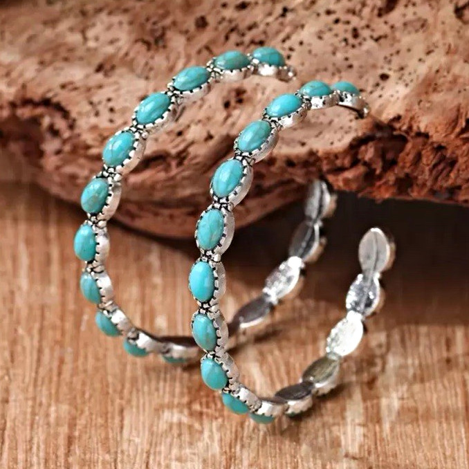 Silver Tone Turquoise Oval Bezel Hoop Earrings Latch Back, Blue Stone