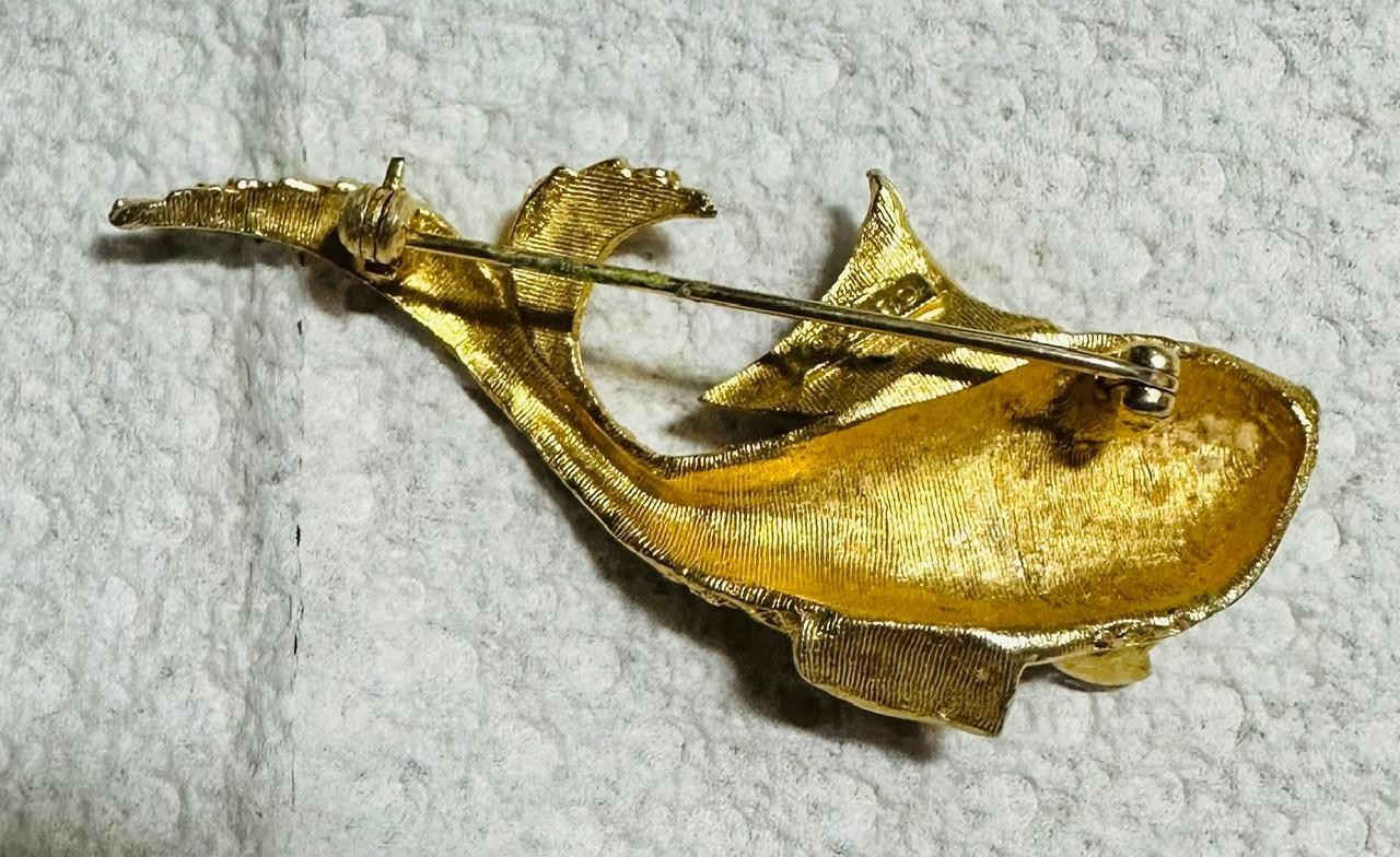 Vintage Coro Signed Gold Tone Koi Fish Brooch w/ Red Crystal Eye Estate