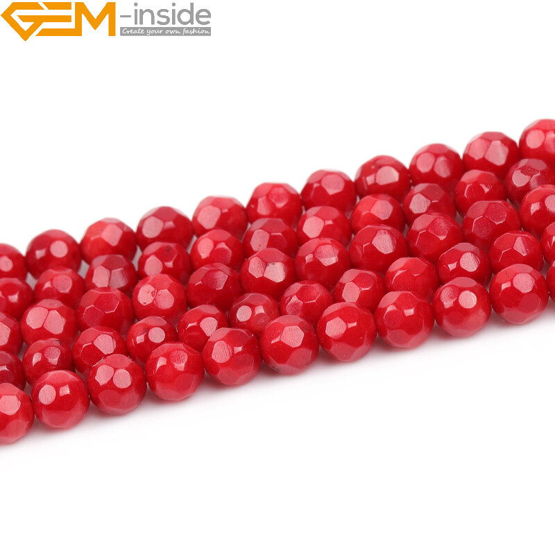 Faceted Red Coral Beads 15″ – Dyed Round Loose Gemstone Jewelry Making Strand”