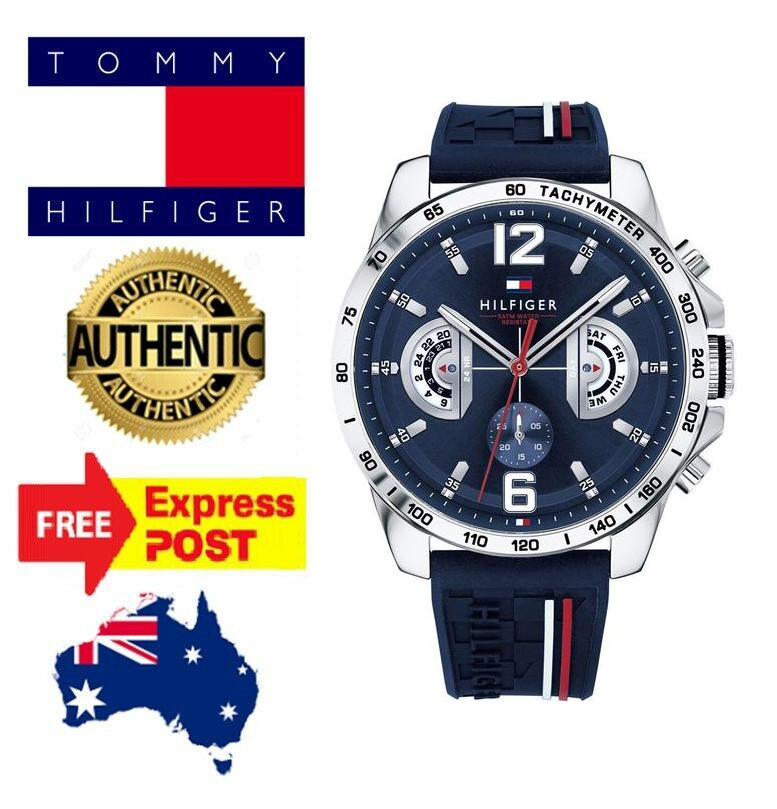 NEW TOMMY HILFIGER “DECKER” TH1791476 BLUE/SILVER/RED CHRONOGRAPH MENS WATCH