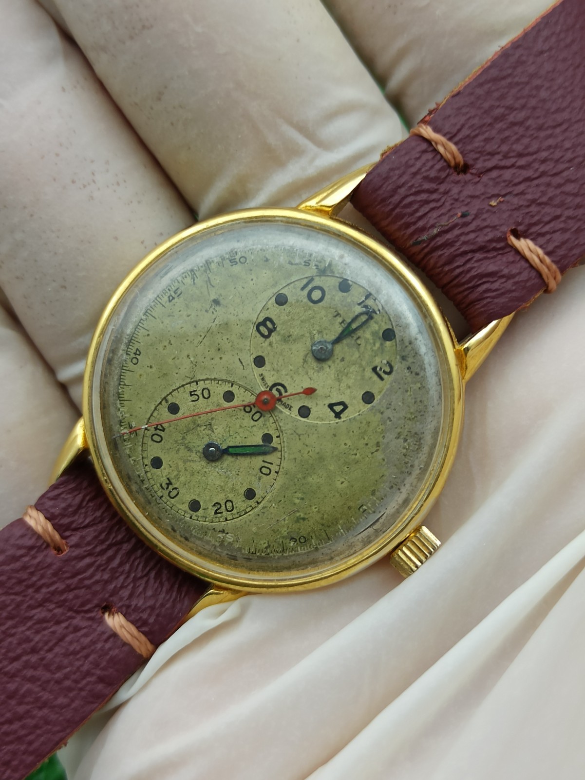 Vintage TELL Swiss Doctors Watch Duo Dial Manual Wind 1940s Gold Plated RUNNING