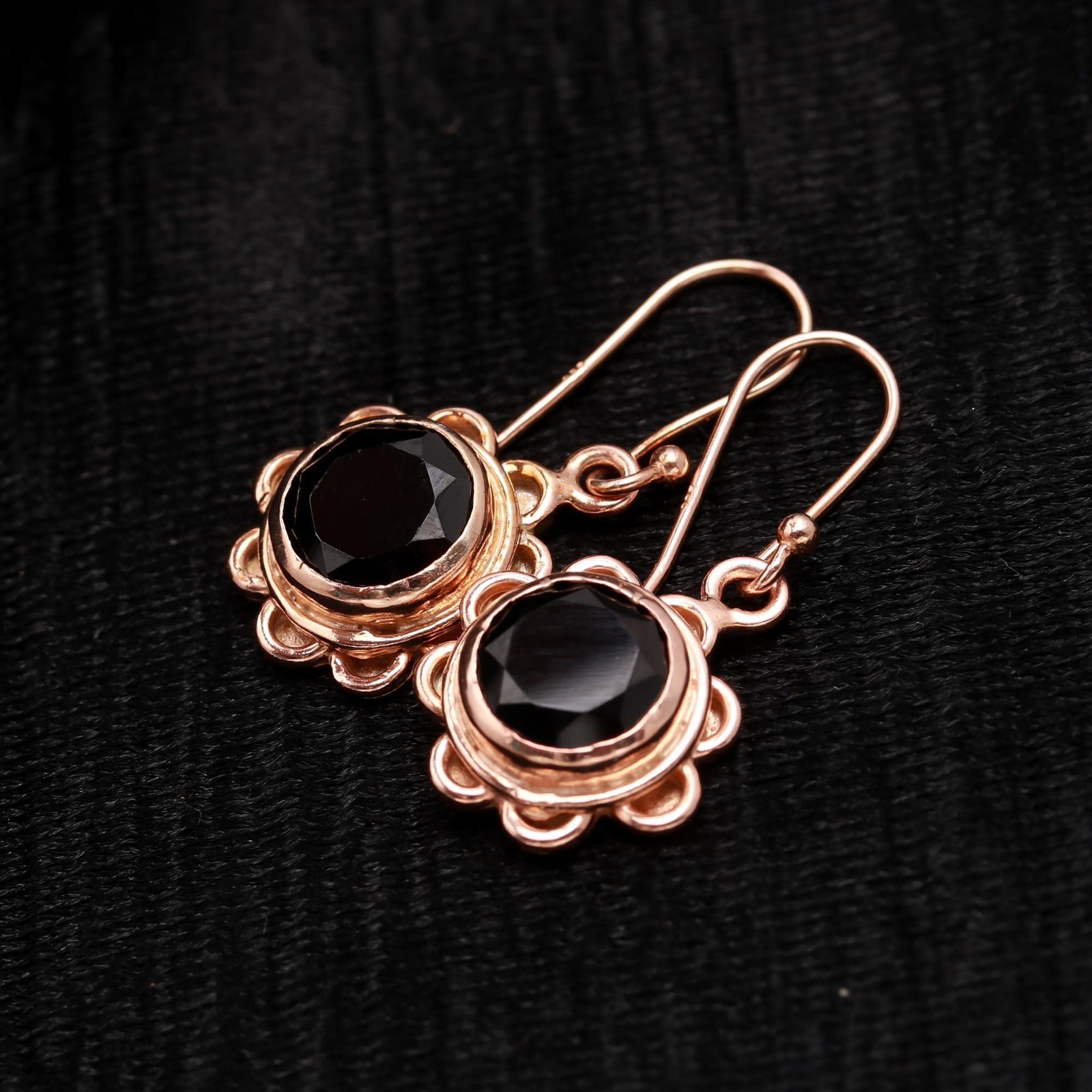 Natural Black Onyx Round Dangle Earrings Rose Gold Plated Solid Silver Jewelry