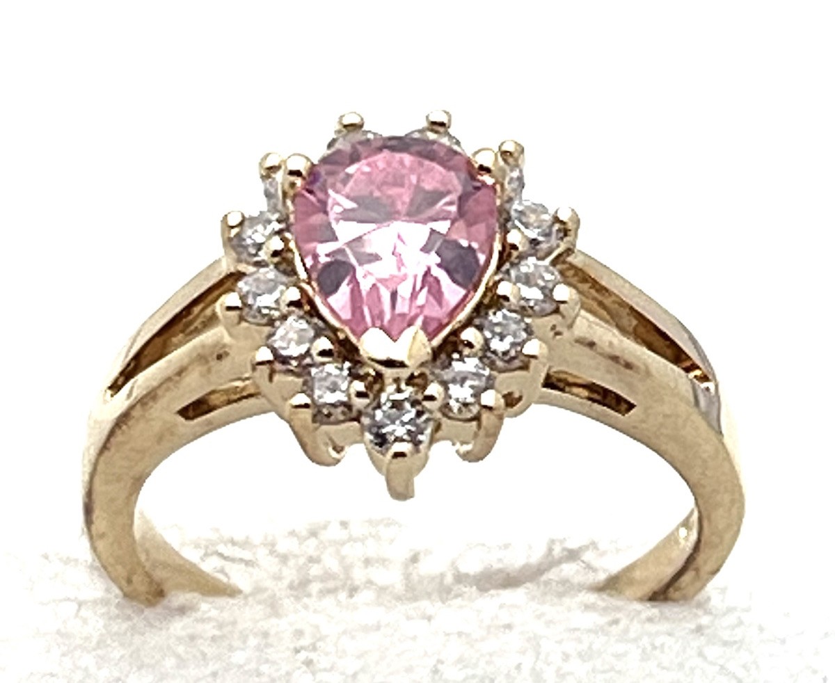 DaneCraft 24KT Gold Over 925 Sterling 4.1 Gram 13 Clear 1 Pink Pear Ring Size  7