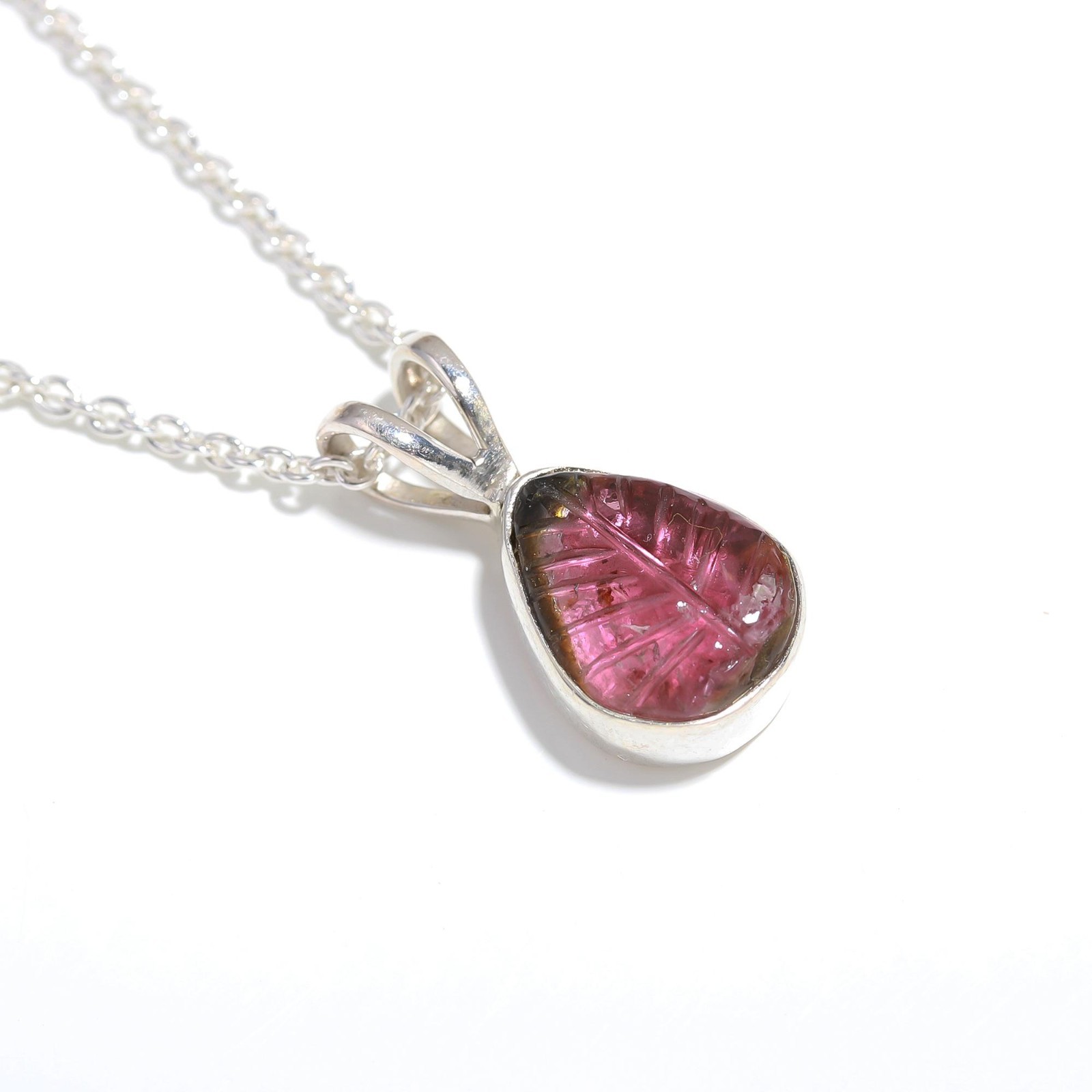 Natural Tourmaline Leaf Chain Necklace 925 Sterling Silver Jewelry Gift For Her
