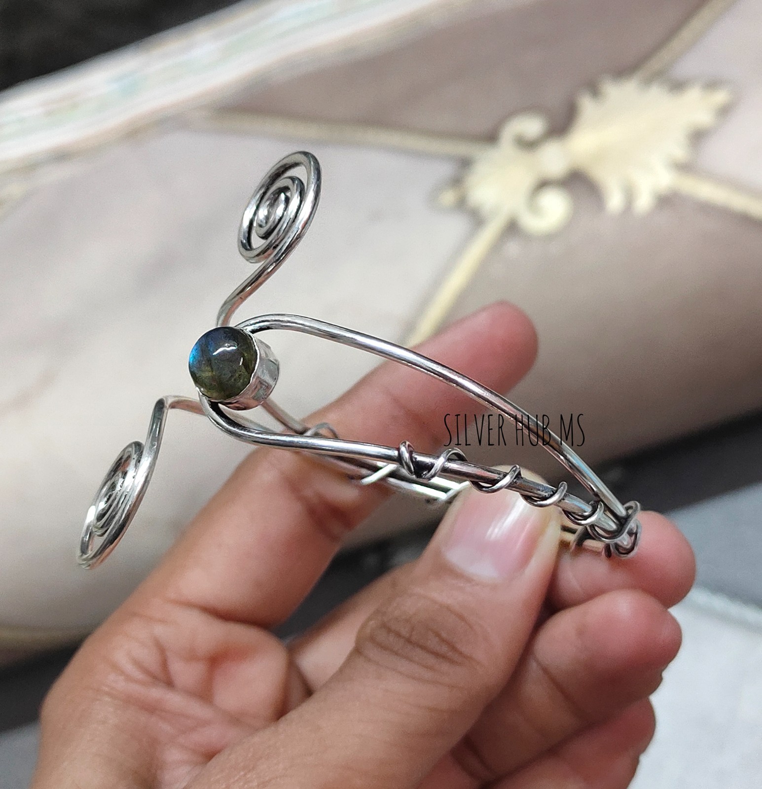 925 Sterling Silver Natural Labradorite Handmade Designer Adjustable Bangle Cuff