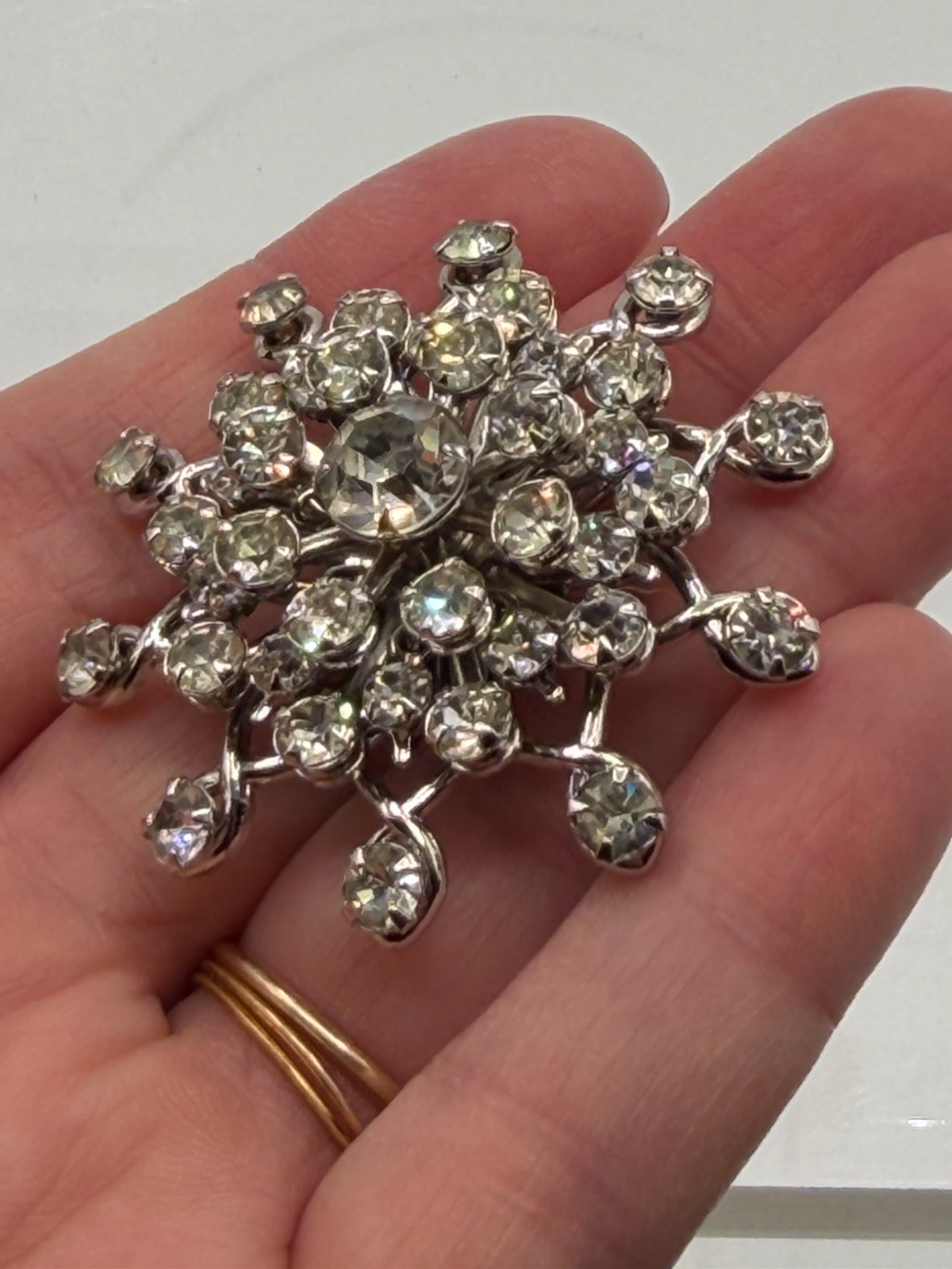 Vtg Sparkling Brooch Pin Snowflake Clear Rhinestones 1.75” Layered Silver Tone