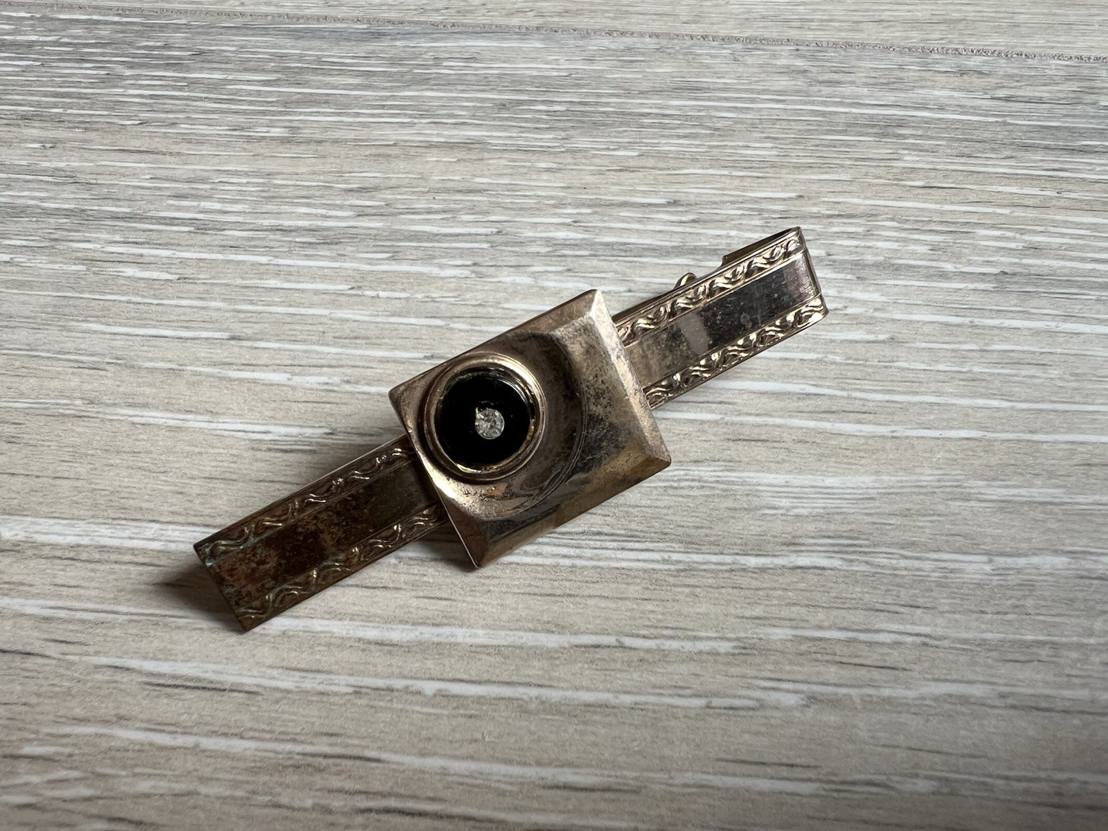 Vintage Brass Tie Clip Two Tone With Clear Stone/Mens Bracelet 2 Piece Lot