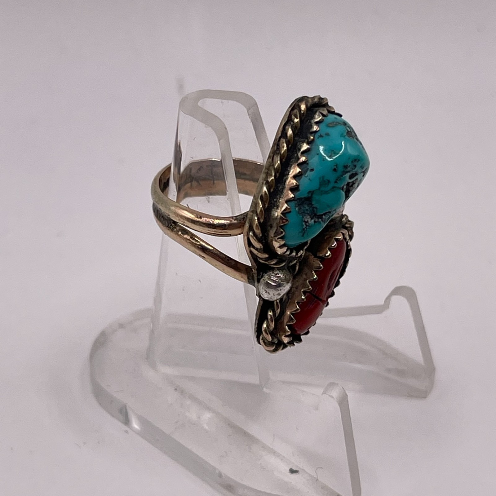 VINTAGE NAVAJO GOLD FILLED TURQOUISE & CORAL RING 1/20TH 12KT CABOCHON SIZE 4.0