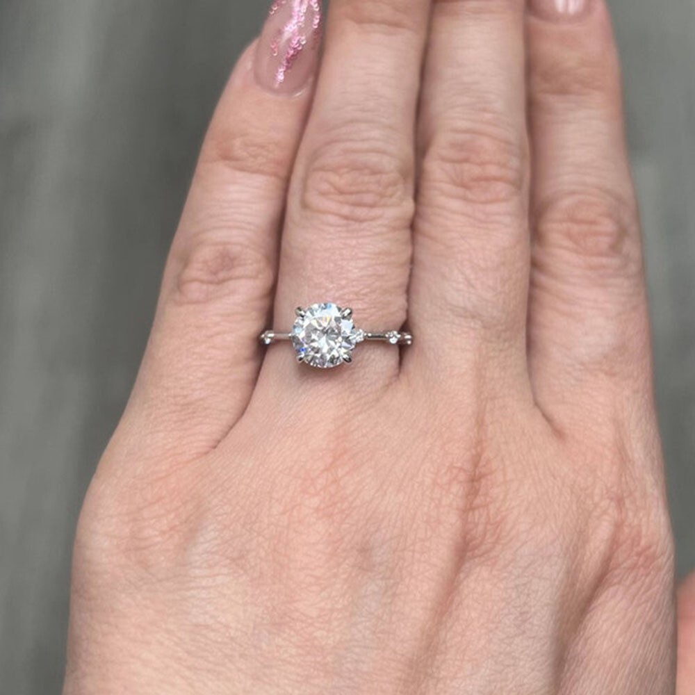 Ring Engagement Gold Moissanite Women 14K White Round Cut Size 5 6 7 1.10 Carat