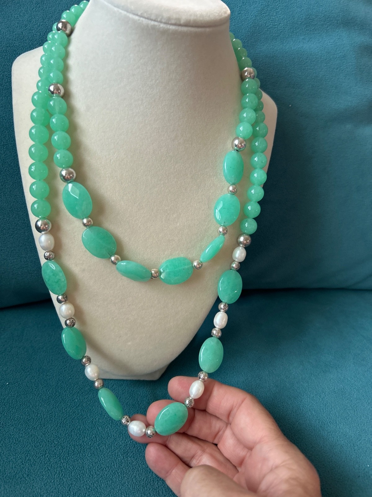 Handcrafted Genuine 2 Strand Chrysoprase & Pearl Bead Necklace