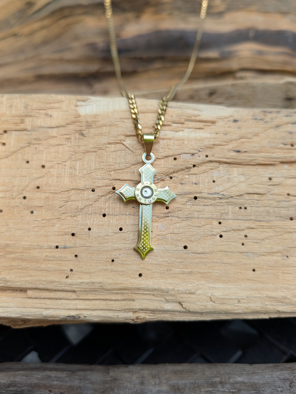 Gold Stainless Steel Cross Necklace with 9mm Bullet. Optional Crystal.