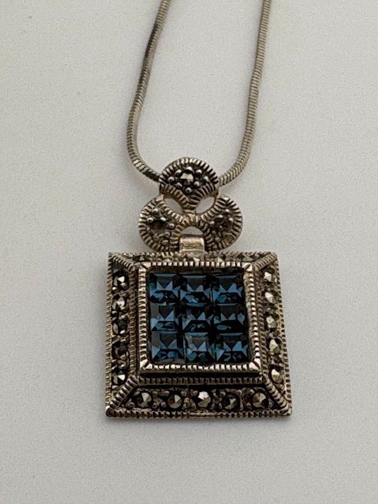 DEE BERKLEY DBJ 925 STERLING SILVER CZ CHECKERBOARD MARCASITE NECKLACE 18″ 308