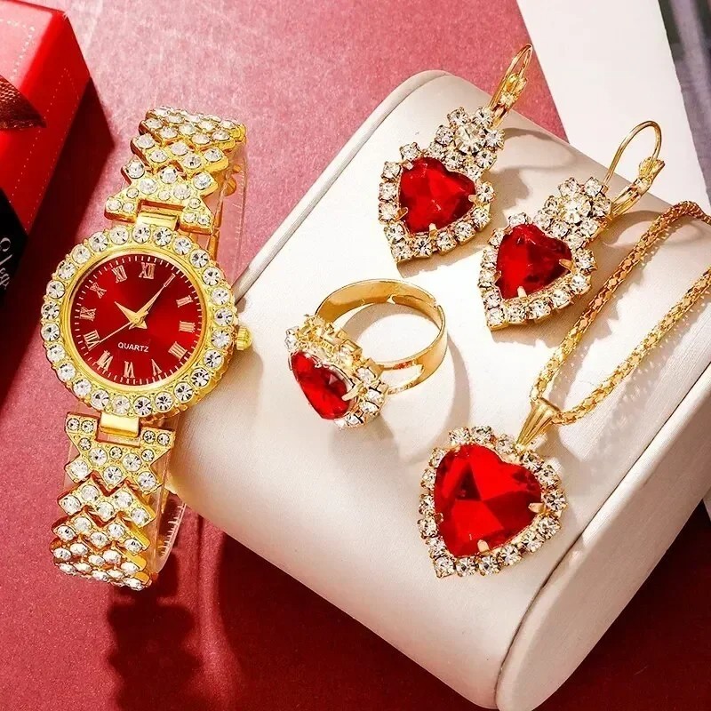 Women 4 Jewelry Set Watch & Bracelet & Ring & Earrings & Necklace Fashion Gift