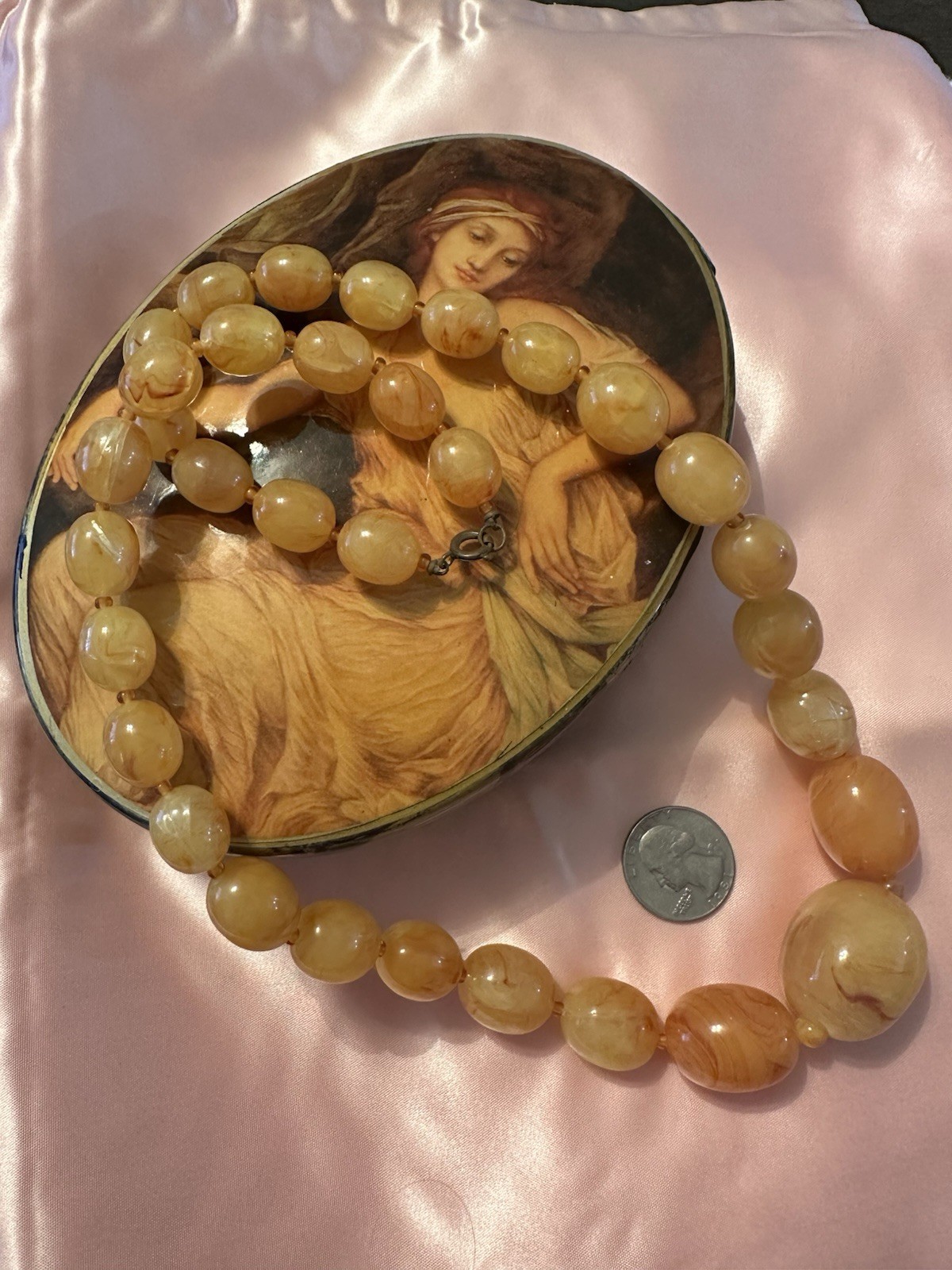 Antique Egg Yolk Translucent Lucite Beaded Necklace • 24” Graduated • 82g Estate