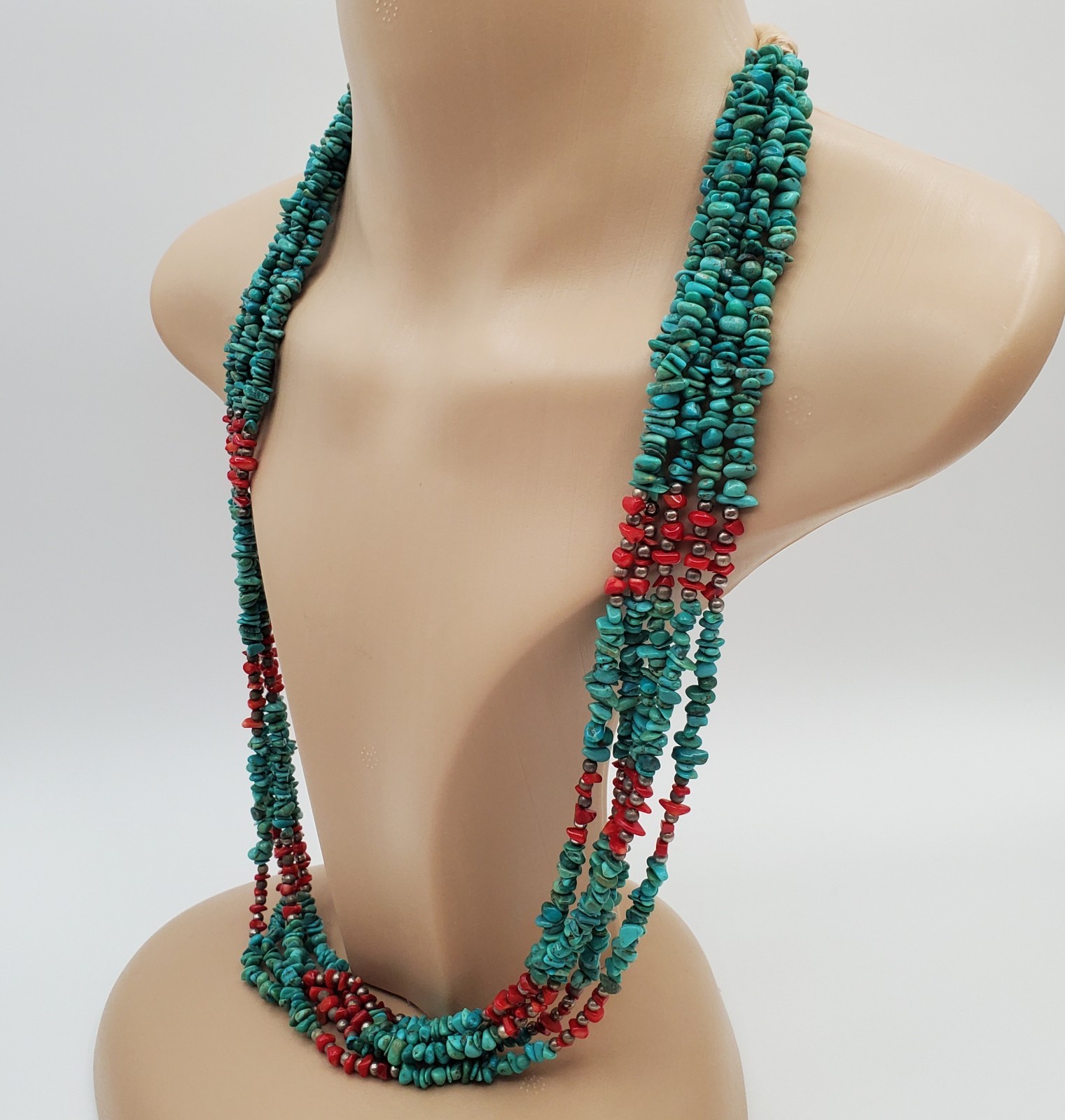 Turquoise Red Coral Necklace 28in Multi Strand Chip Bead Southwest Tribal Wrap