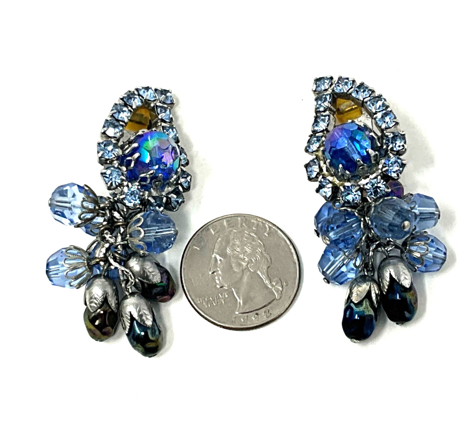 Vintage Signed Hobe Pastel Blue Bead Rhinestone Clip On Earrings Waterfall
