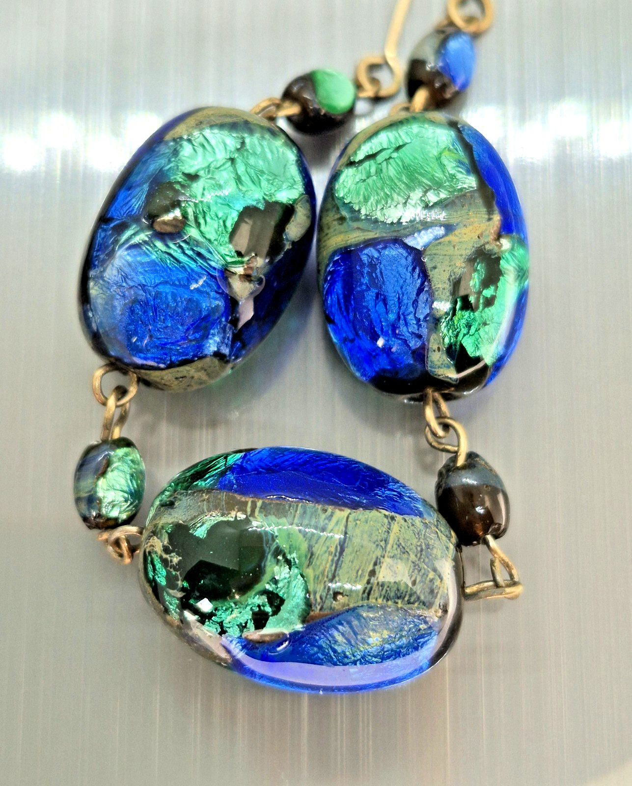 Vintage Art Deco Venetian Green, Blue & Black Foil Glass Bead Necklace 18″