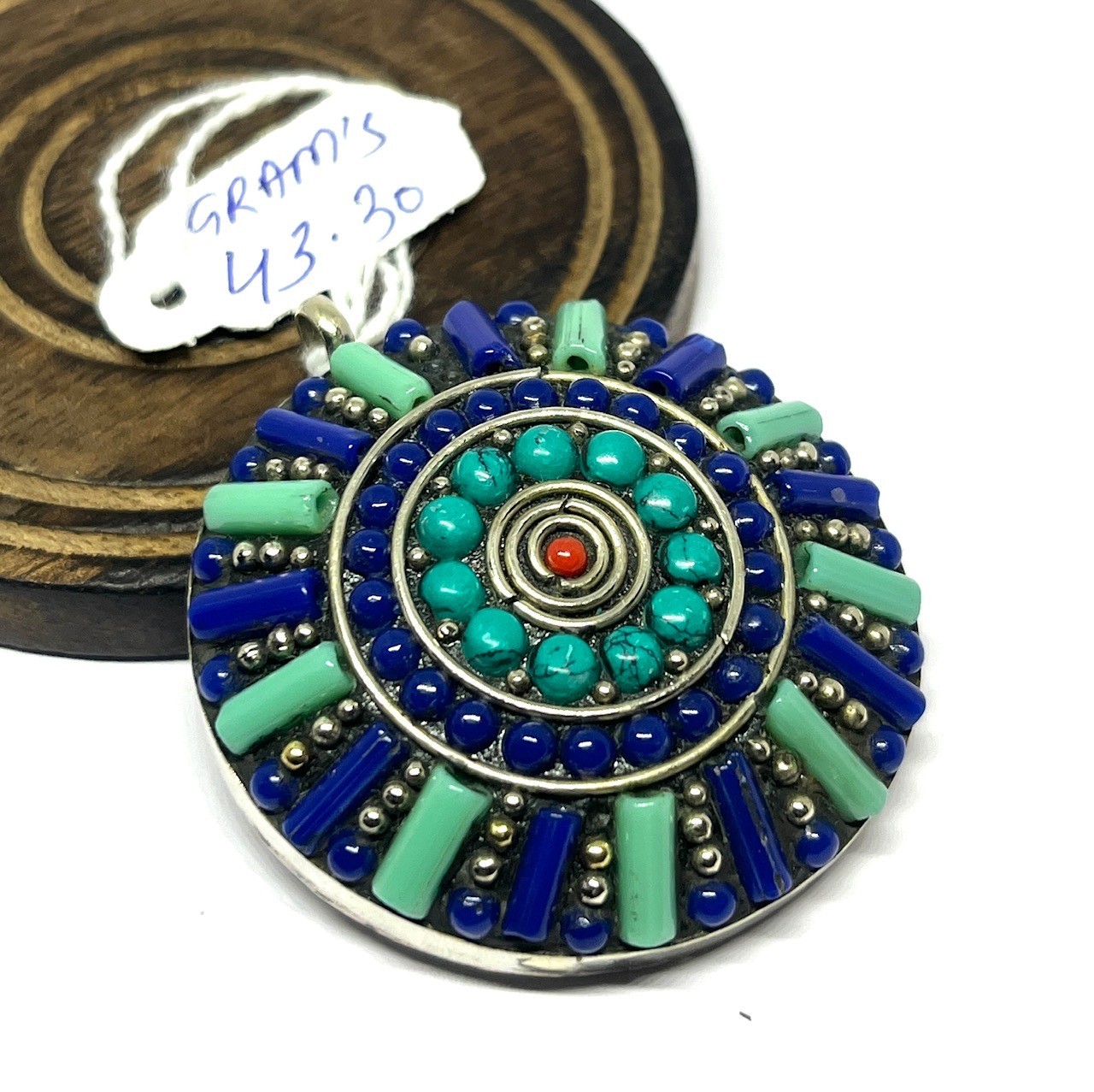 Antique Lapis Turquoise Gemstone Tibetan Statement Pendant Jewelry, 2.0 inch