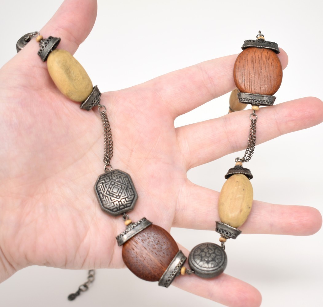 23″ Southeast Asia Gunmetal Embossed Bead & Wood Chain Necklace