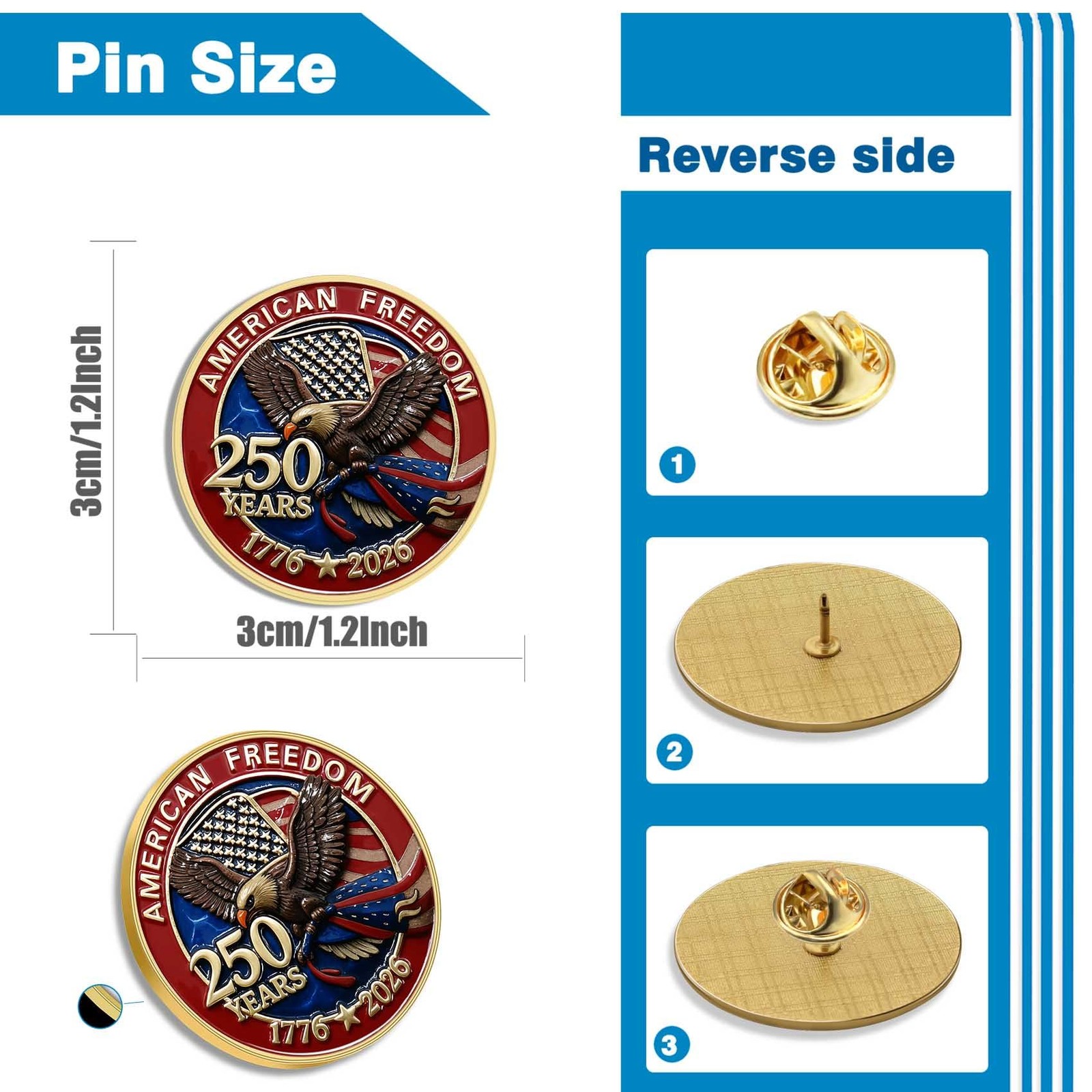 10/PCS Enamel 250 Years of Freedom American Lapel Pins Medium, red