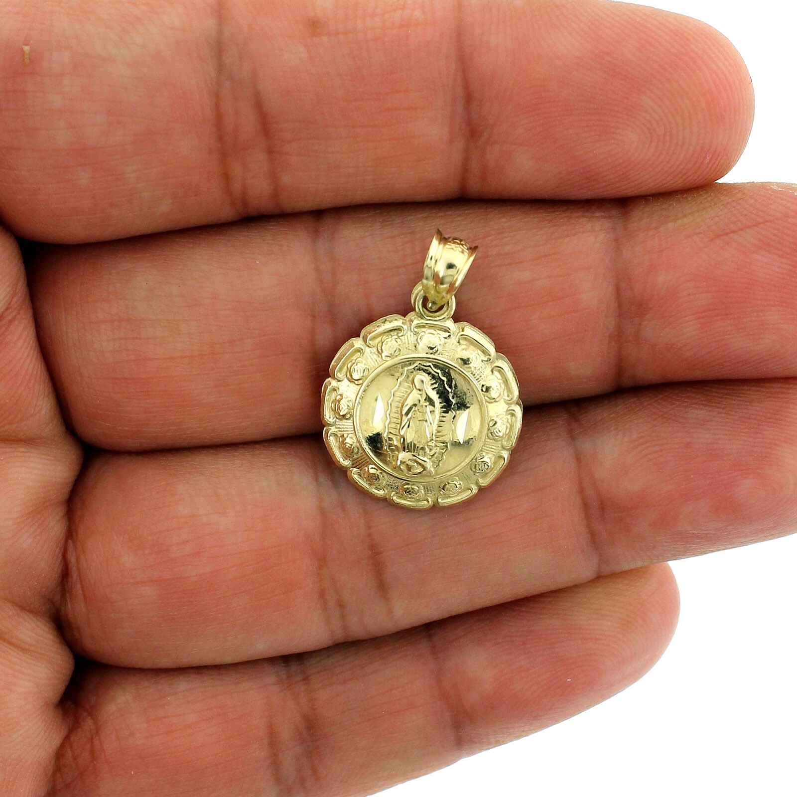 Real 10K Yellow Gold Jesus & Mary Medallion Pendant, 10KT Double Sided Charm