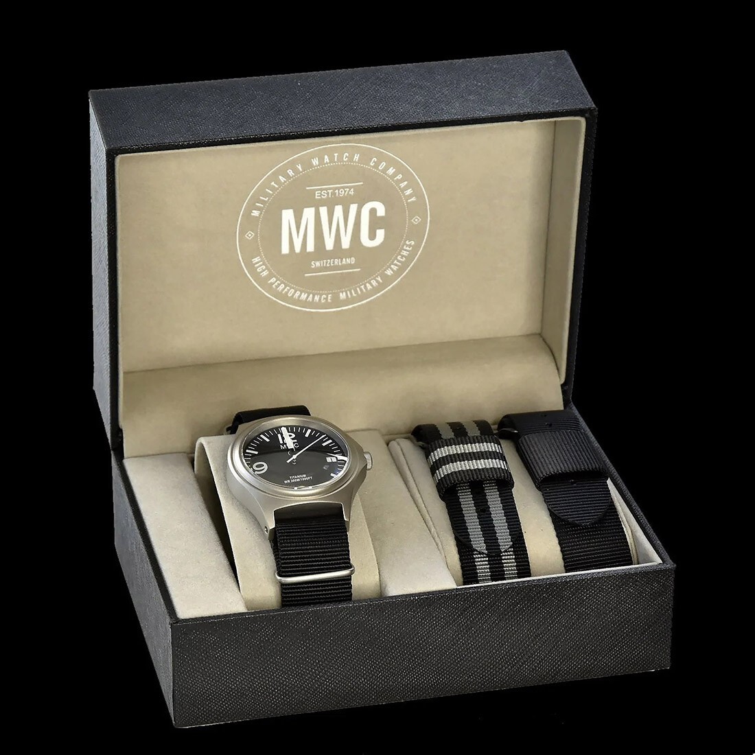 MWC Combat Elite Titanium Quartz Swiss Black Fabric Military Date Men’s Watch