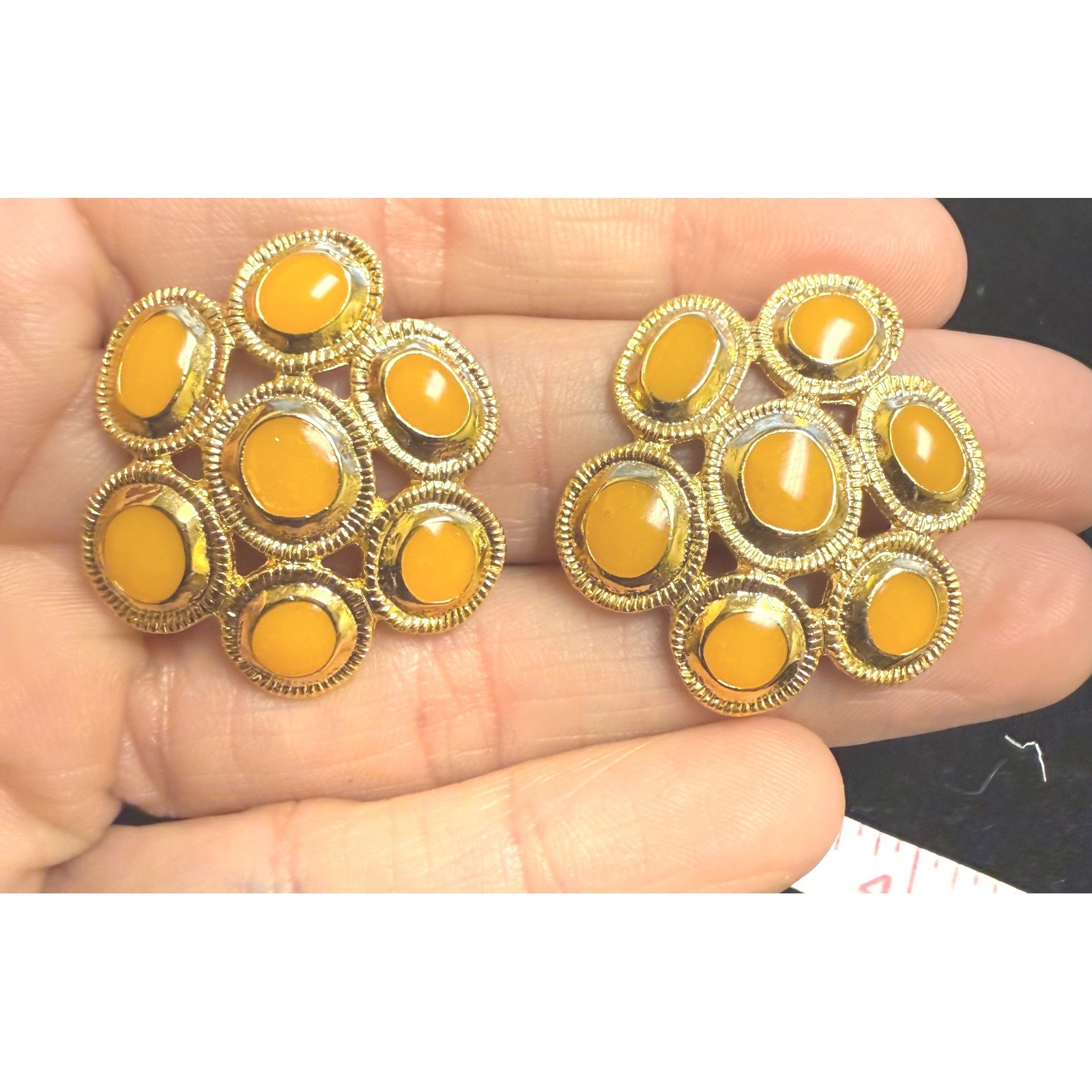 Vintage Style Gold Tone Mustard Yellow Cabochon Floral Cluster Stud Earrings