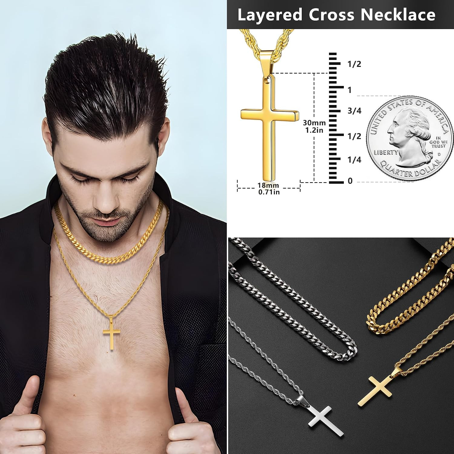 4Pcs Cross Necklace for Men Teen Boys,Stainless Steel Chains for Men Layered Nec