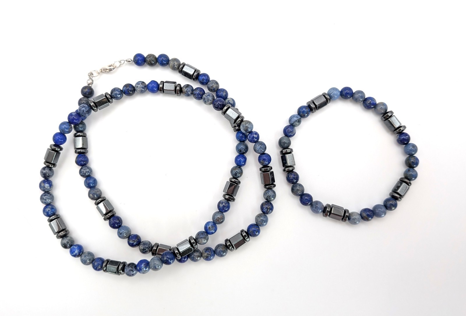 24″ Lapis Lazuli, Dumortierite, and Hematite Beaded Necklace and Bracelet Men’s