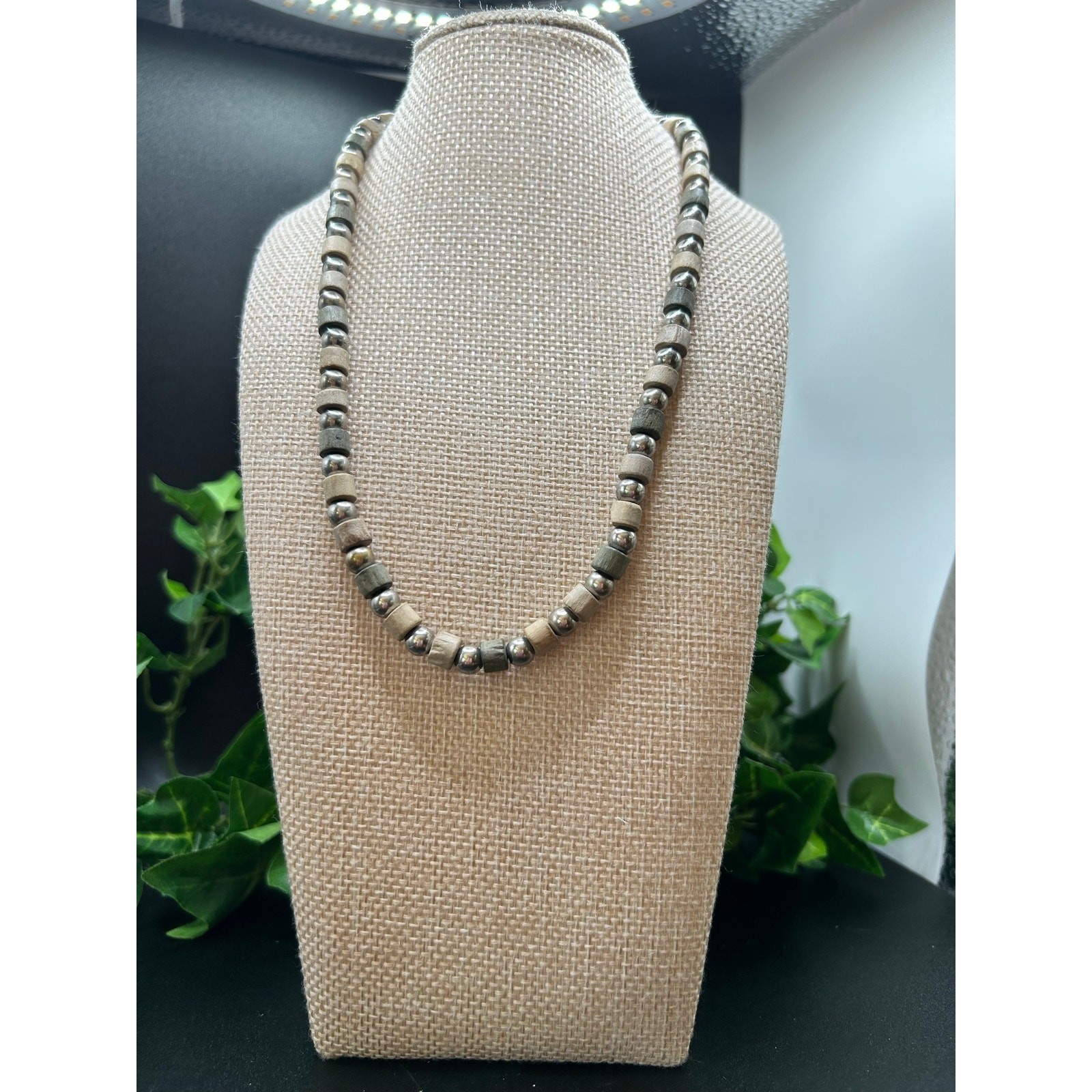 Panama Jack Wood Bead Necklace 18″ Silver Tone Earth Tones Boho Casual New