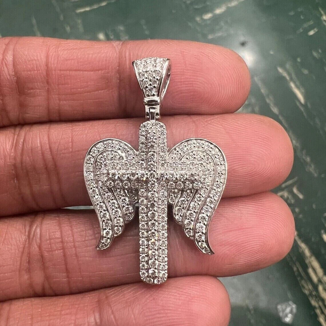 2.20Ct Real Moissanite Cluster Angel Wings Cross Pendant 14K White Gold Plated