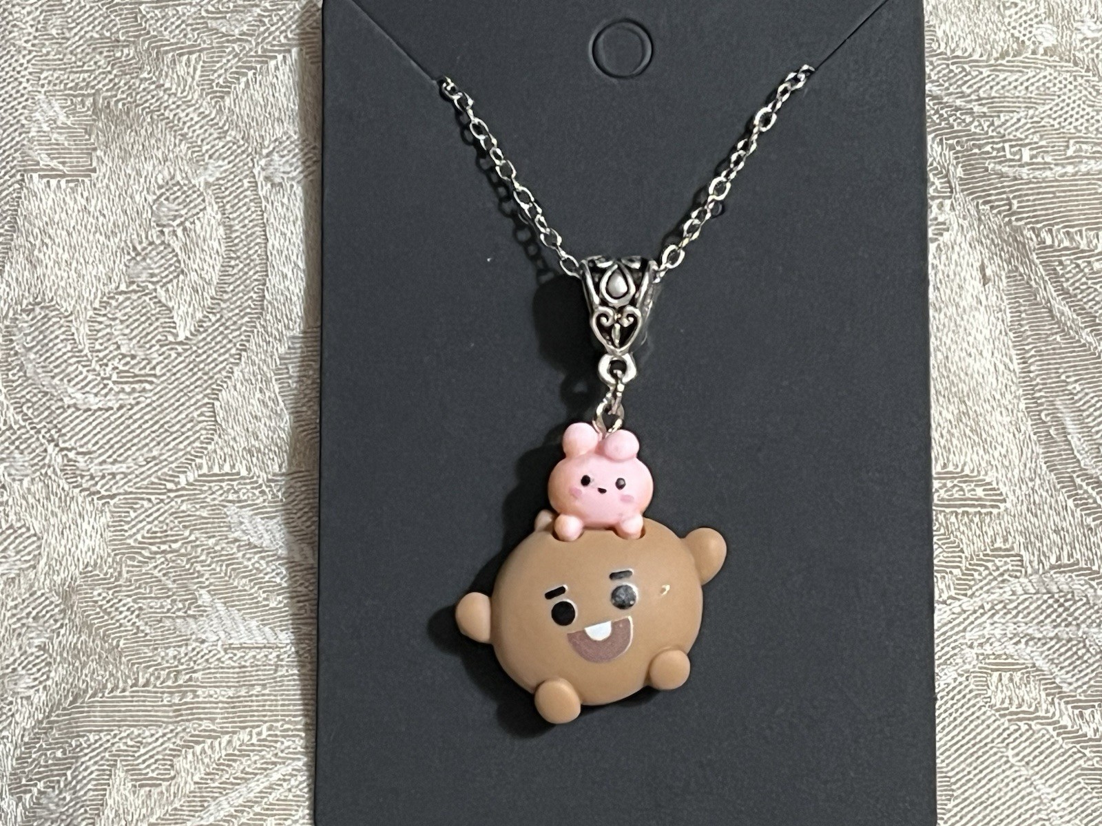 K POP Anime Cartoon Emojis Character Silver Resin Charm Pendant Necklace 18”