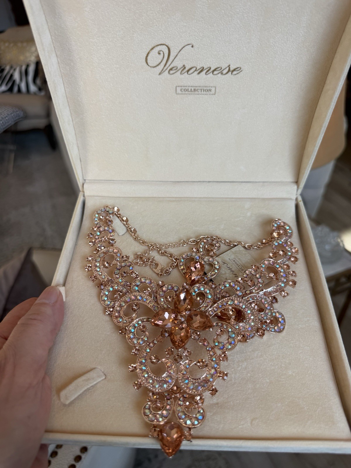 New Peach Rhinestone Wedding, Bridal, Prom Or Pagent Set With Matching Earrings