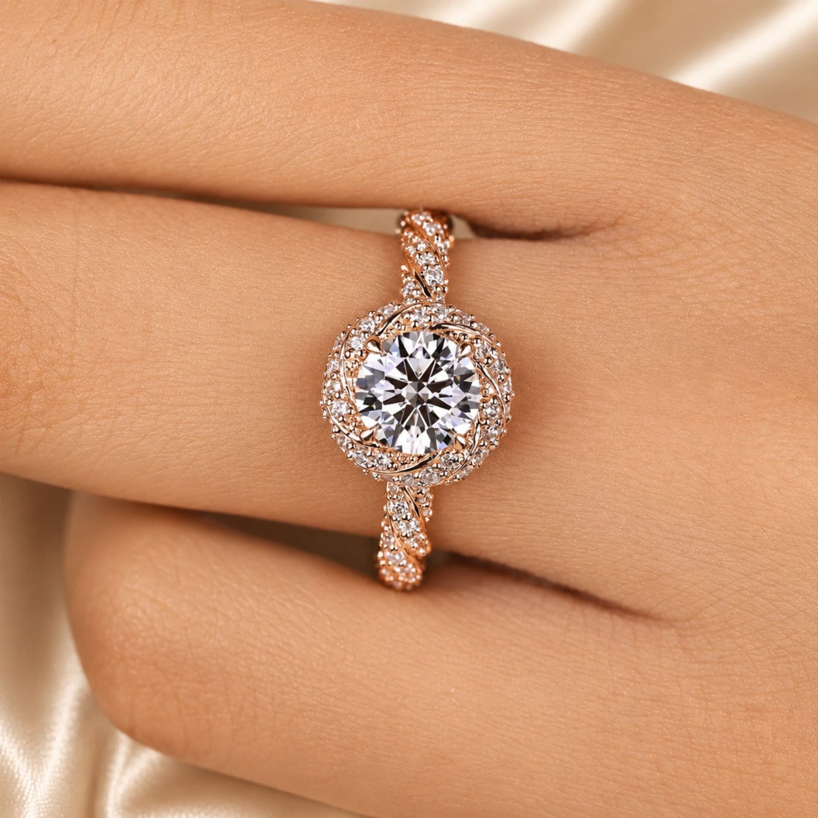 1.00 CT Sterling Silver Round Cut Diamond Ring in Halo Style with Twisted Design