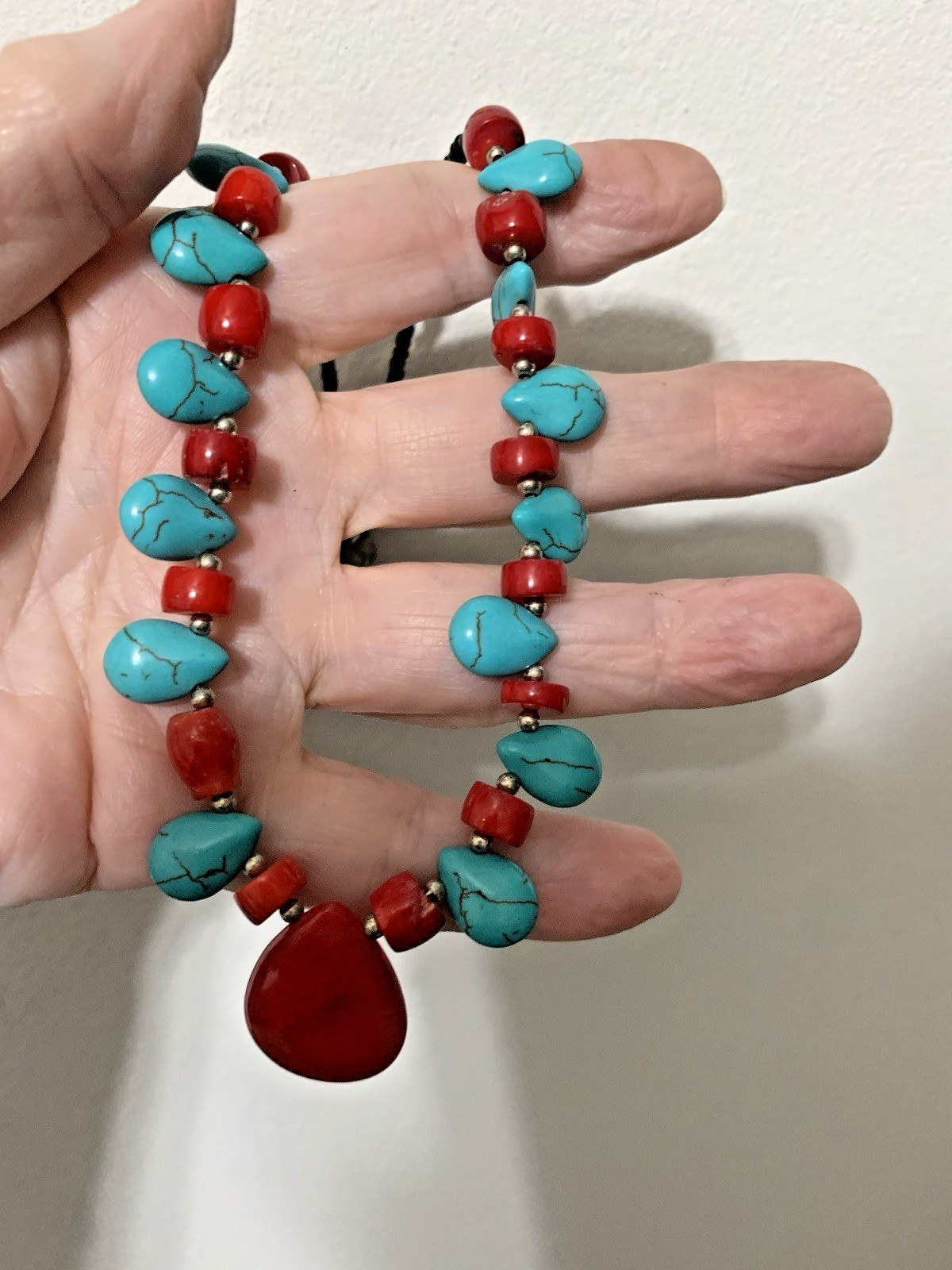 Turquoise And Red Bead Silver Tone Necklace With A Large Red Hanging Stone, 18”
